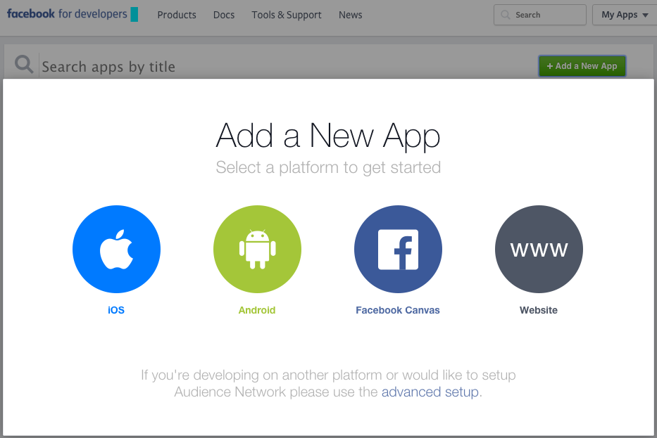 Add a New App screen in Facebook UI for obtaining application credentials for the OAuth Technology Preview demo app in NGINX Plus Release 8