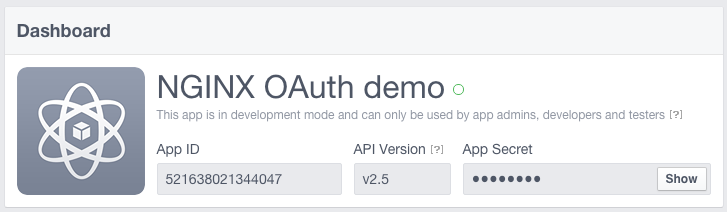 Dashboard in Facebook UI for obtaining application credentials for the OAuth Technology Preview demo app in NGINX Plus Release 8