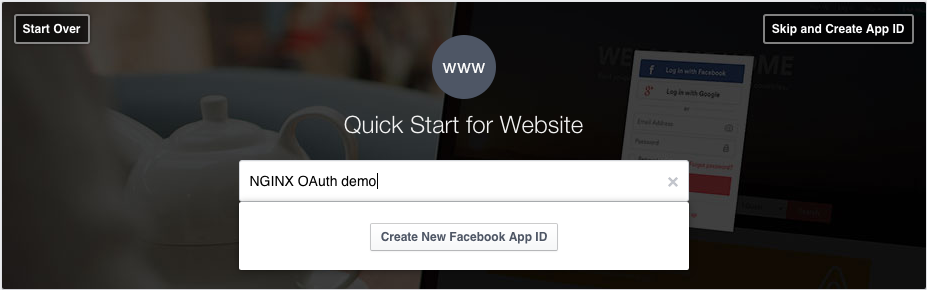 Quick Start for Website screen in Facebook UI for obtaining application credentials for the OAuth Technology Preview demo app in NGINX Plus Release 8