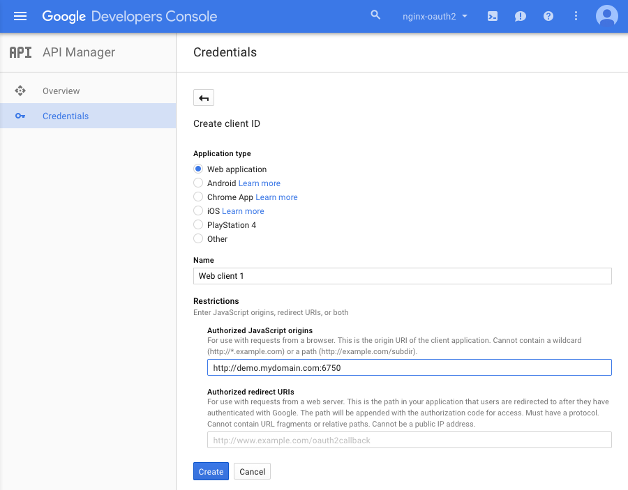 Create client ID screen in Google UI for obtaining application credentials for the OAuth Technology Preview demo app in NGINX Plus Release 8