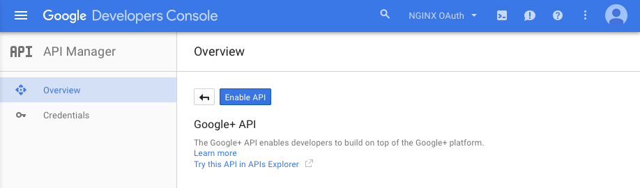 Enable API button in Google UI for obtaining application credentials for the OAuth Technology Preview demo app in NGINX Plus Release 8