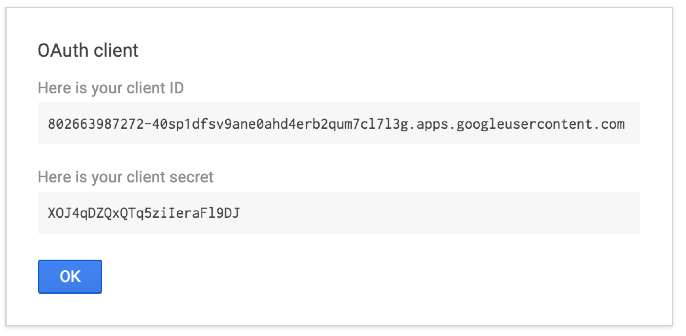 OAuth client confirmation box in Google UI for obtaining application credentials for the OAuth Technology Preview demo app in NGINX Plus Release 8