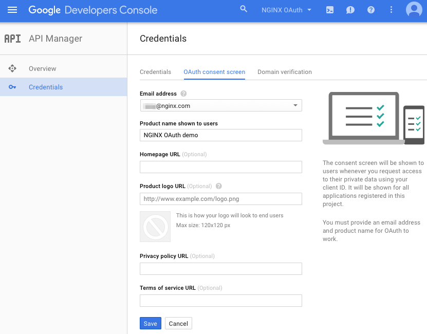 OAuth consent screen window in Google UI for obtaining application credentials for the OAuth Technology Preview demo app in NGINX Plus Release 8