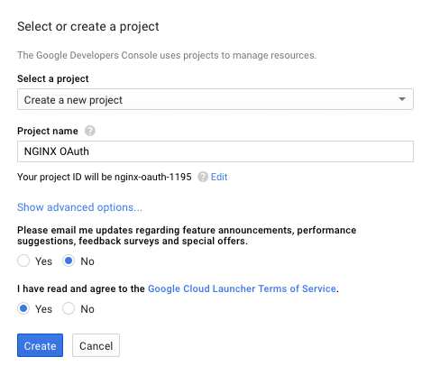 Select or create a project pop-up window in Google UI for obtaining application credentials for the OAuth Technology Preview demo app in NGINX Plus Release 8