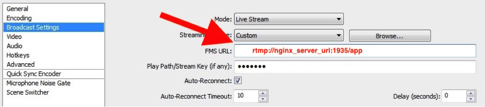 In Open Broadcaster, define the name of the playlist created by NGINX Plus for live video streaming