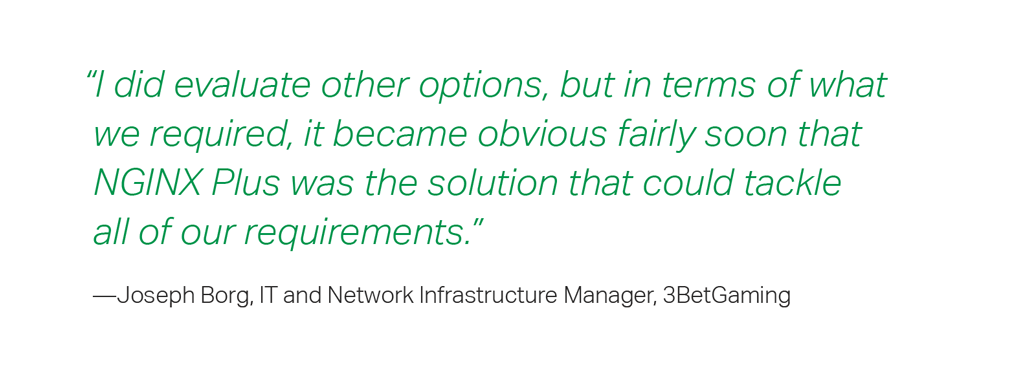 “I did evaluate other options, but in terms of what we required, it became obvious fairly soon that NGINX Plus was the solution that could tackle all of our requirements,” says Joseph Borg, 3BetGaming’s IT and Network Infrastructure Manager.