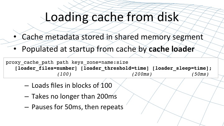 NGINX loads the cache from disk in blocks of 100 files at a time, taking no longer than 200ms, and pausing for 50 ms before repeating [webinar by Owen Garrett of NGINX]