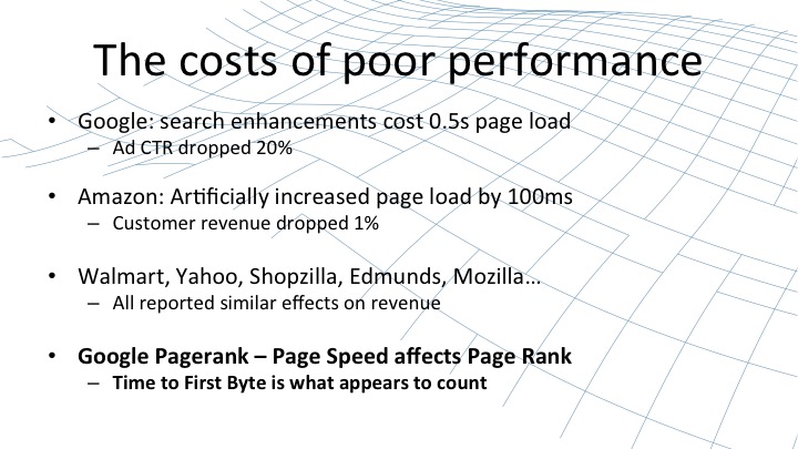 The Costs of poor performance, including test that Google, Amazon, and many others did to look at how page speed affects revenue [webinar by Owen Garrett of NGINX]