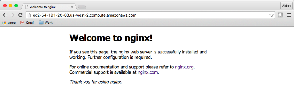 The welcome page confirms that NGINX is up and running