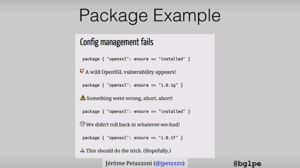 Slide depicting the bad consquences of not being able to rollback to a previous state when an update fails [presentation by John Willis, Director of Ecosystem Development at Docker, at nginx.conf 2015]