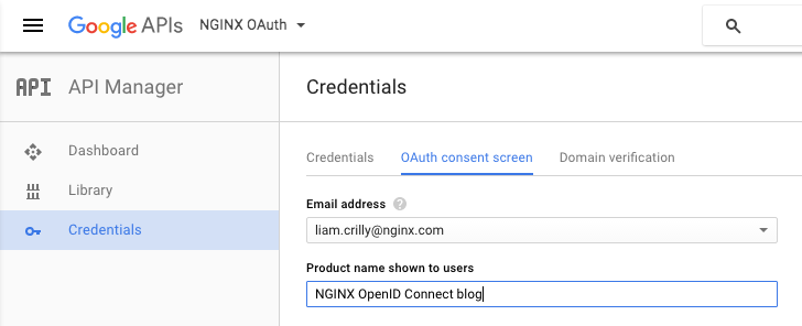 When creating a Google OAuth 2.0 client ID, specify your email address and the product name on the 'OAuth consent screen' under API Manager > Credentials.