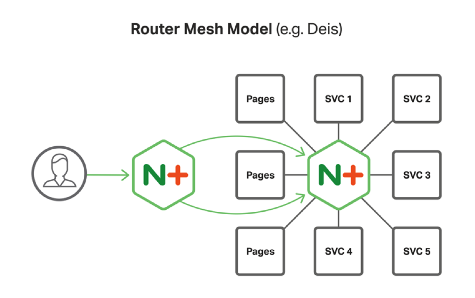 Use two clusters of NGINX Plus instances for implementing microservices in the Router Mesh Model of the Microservices Reference Architecture from NGINX
