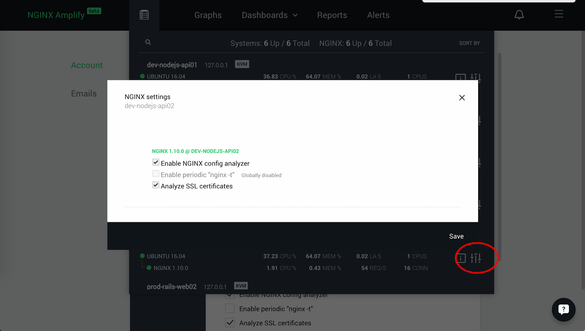 The &apos;NGINX settings&apos; panel for an individual system controls which types of NGINX configuration analysis are included in NGINX Amplify reporting