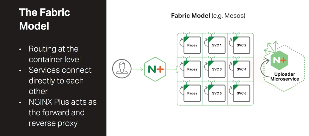 The Fabric Model of the NGINX Microservices Reference Architecture is a microservices architecture that provides routing, forward proxy, and reverse proxy at the container level and establishes persistent connections between services [presentation by Chris Stetson, NGINX Microservices Practice Lead, at nginx.conf 2016]